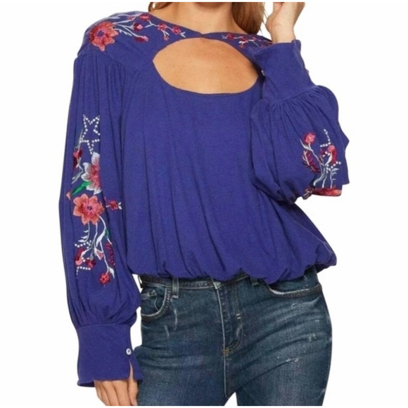 Free People Tops - NWT Free People Cobalt Blue Lita Floral Embroidered Balloon Sleeve Cropped Top S
